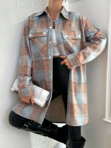 EURMUSE Plaid Double-pocket Turn-down Collar Woolen Coat - Blue - View 2