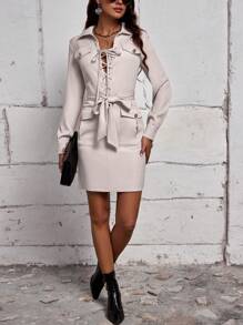 SHEIN LUNE 繫腰帶洋裝帶前和翻動口袋 - 杏色 - 查看 5