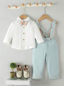 嬰兒女孩雙層蝴蝶結裝飾上衣和可調節肩帶褲套裝 - 彩色 - 查看 3