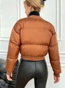 RueChic Women's Short Zip-up Baseball Collar Padded Jacket - Brown - View 2