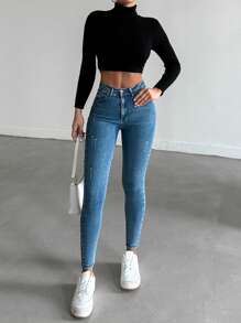 Solid Ripped Skinny Jeans - Medium Wash - View 1