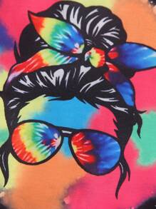 SHEIN Little Girl's Tie Dye Hoodie And Sweatpants Outfit With Sunglasses Girl Print - Black - View 8