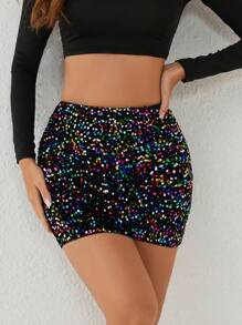 女士性感高腰亮片装饰紧身迷你裙，适合音乐节