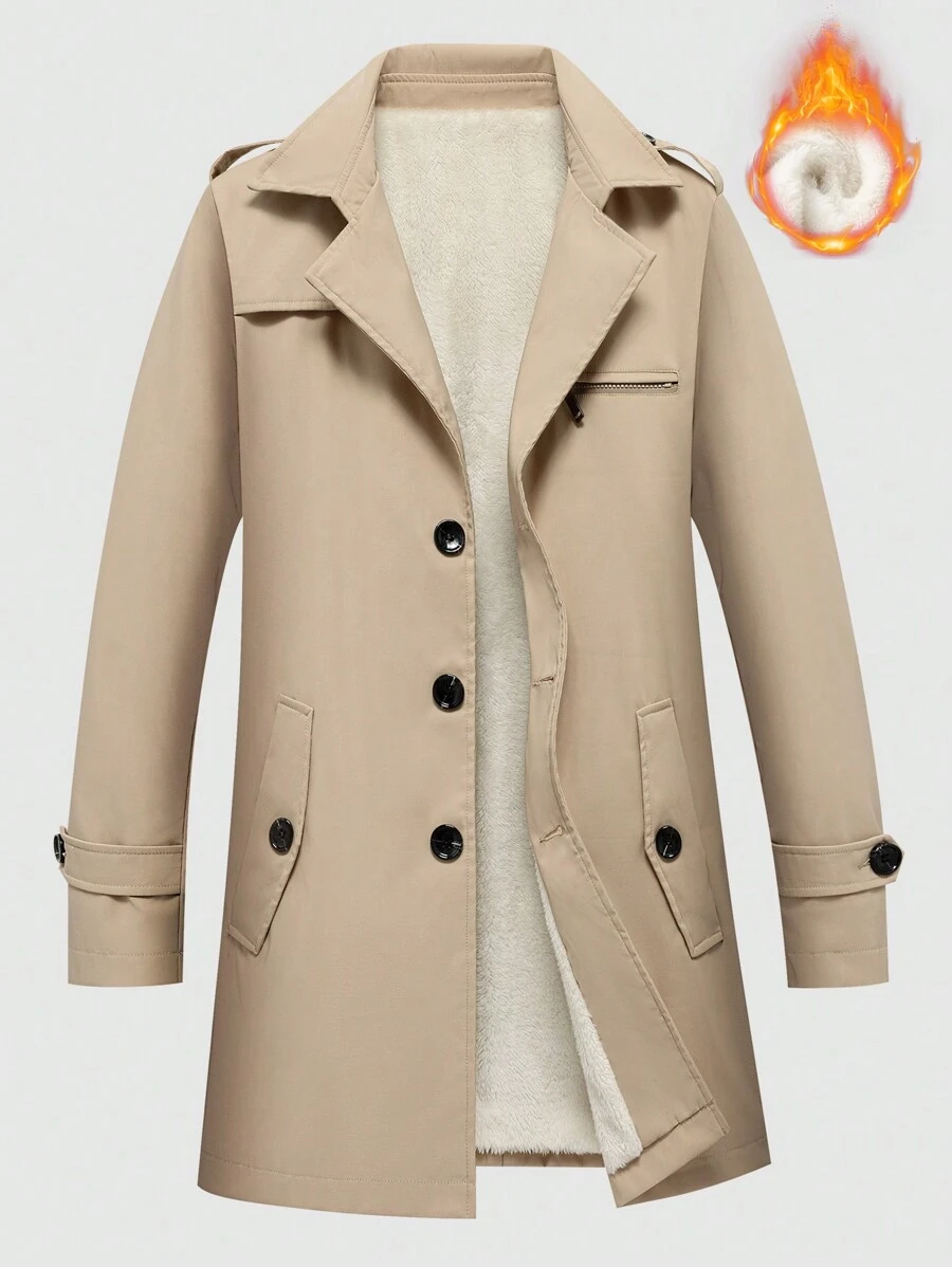 Manfinity Homme 男式翻领保暖衬里风衣夹克 - 卡其色 - 查看 1