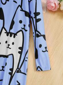 SHEIN Girls' Cat Printed Mid-length Dress - Blue - View 3