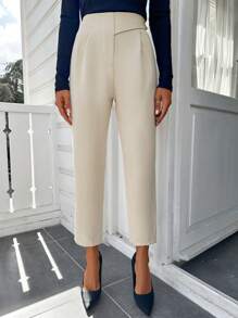 EURMUSE 時尚米色彈性高腰錐形西裝長褲 - 米色 - 查看 1