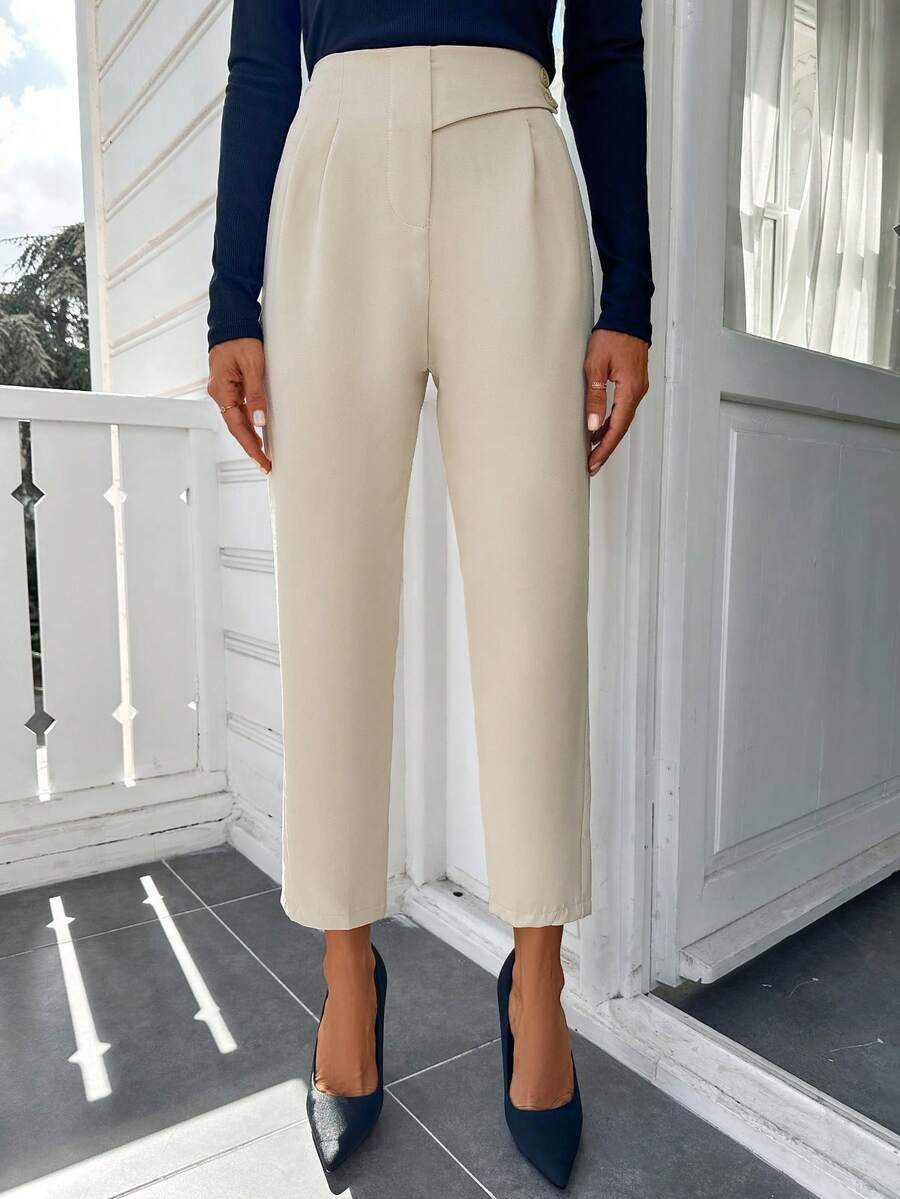EURMUSE 時尚米色彈性高腰錐形西裝長褲 - 米色 - 查看 1