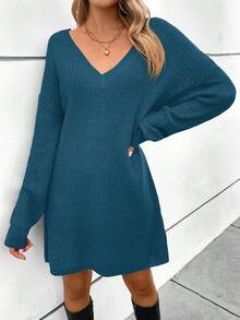 EURMUSE Vestido Estilo Suéter De Hombros Caídos De Color Liso Sin Cinturón - Agua verde azul - Ver 7