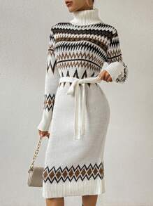 SHEIN Frenchy 女士千鳥格高領腰帶毛衣裙 - 白色 - 查看 5