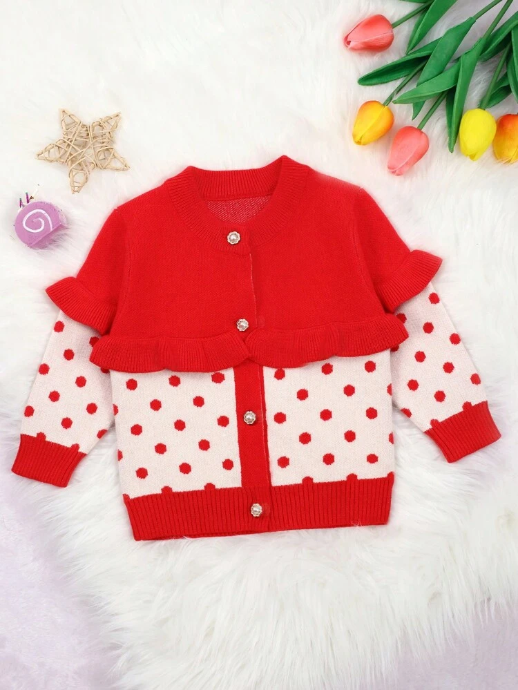 Baby Girls' Color Block Polka Dot Pattern Cardigan Sweater