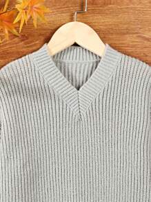 SHEIN Girls' V-neck Ribbed Knit Sweater Pullover - Grey - View 4