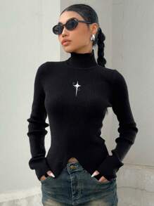 DAZY 女式高领星星刺绣开衩毛衣 Y2K 秋季 - 黑色 - 查看 2