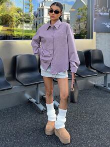 DAZY Camisa De Hombro Caído Para Mujeres Con Doble Bolsillo - Morado - Ver 6