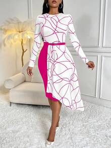 SHEIN Clasi In ngẫu nhiên Khối màu Viền bất đối xứng Váy có thắt lưng - Màu Hồng Tươi - Xem 6