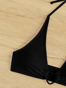 SHEIN Swim قمة بيكيني عنق المثلث المزود بإبزيم للنساء مزينة بالقلب - الأسود - مشاهدة 4