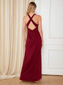 SHEIN Belle Vestido formal con escote pronunciado, espalda cruzada abierta, abertura lateral en el muslo y color rojo burdeos, vestido para invitados de boda, vestido de fiesta, vestido de noche, vestido largo