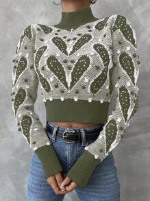 EURMUSE Của phụ nữ Đứng cổ áo Quần skinny Áo len Với Mẫu - Màu Khaki - Xem 1