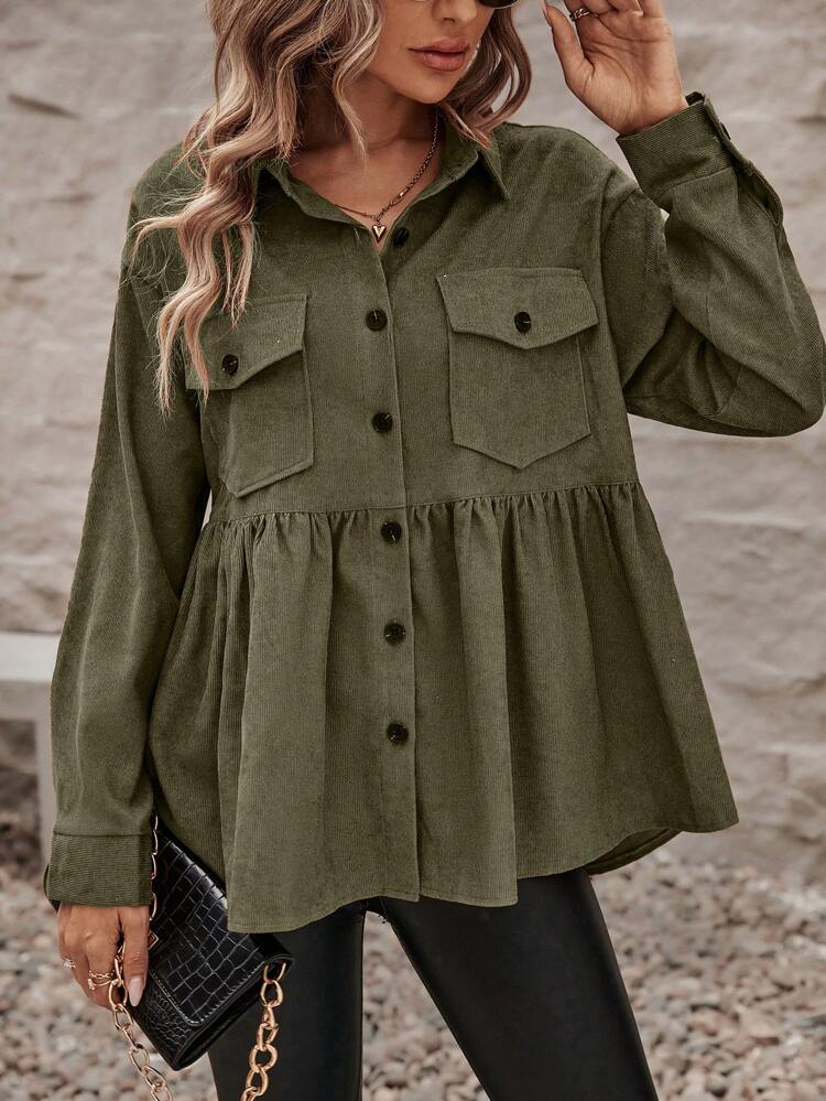 Women's Flap Pocket Ruffle Hem Shirt,Long Sleeve Tops