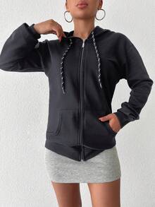 RueChic Women's Hooded Drawstring Sweatshirt Shirt - Dark Grey - View 5