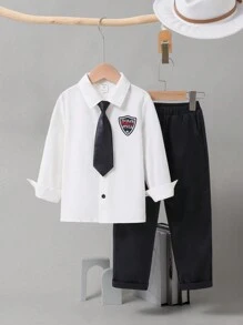 SHEIN 2 件套年轻男孩字母印花领衬衫和裤子套装，保暖内衬，加厚 - 彩色 - 查看 1