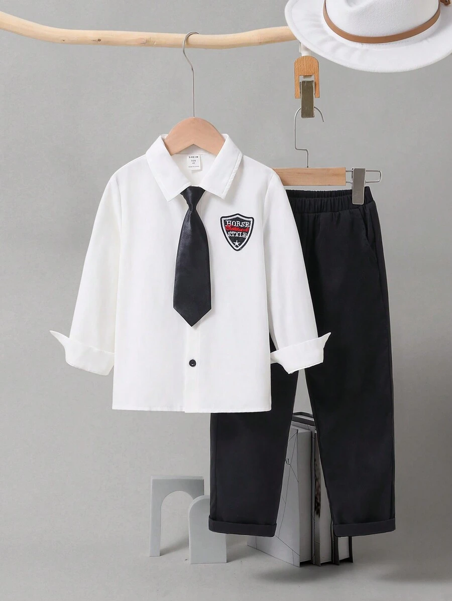 SHEIN 2 件套年轻男孩字母印花领衬衫和裤子套装，保暖内衬，加厚 - 彩色 - 查看 1