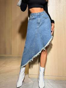 SHEIN BAE 女士不对称磨边牛仔半身裙 - 藍色 - 查看 6