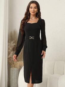 SHEIN Clasi Women's Sheer Mesh Splicing Lantern Sleeve Dress With Split Hem And Waist Belt - Black - View 4