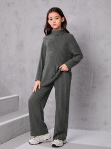 SHEIN Leap Crew 中大童女孩寬鬆復古高領寬鬆條紋襯衫和長褲兩件套裝 - 深灰色 - 查看 6