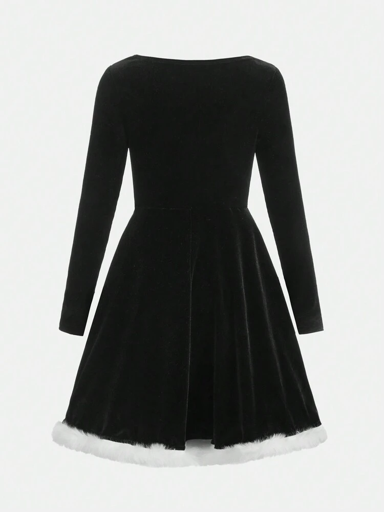 Tween Girls' Casual Velvet Sweetheart Collar Long Sleeve Dress