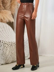 SHEIN Frenchy Women's Zipper Fly Straight Pants - Chocolate Brown - View 7