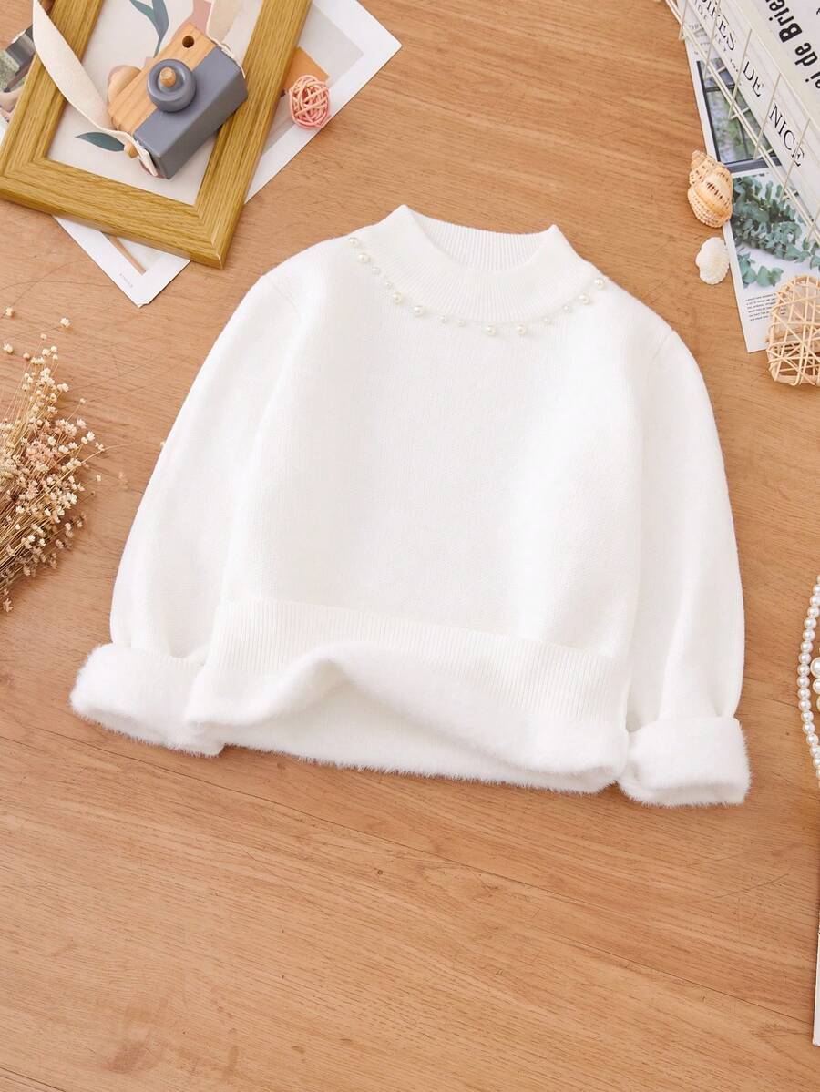 SHEIN 小女孩純色珍珠和珠子裝飾半高領毛衣 - 白色 - 查看 1