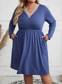 EMERY ROSE Plus Size V-neck Dress - Navy Blue - View 1