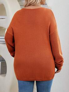 SHEIN CURVE+ 加大尺碼寬鬆下垂肩毛衣 - 駝色 - 查看 2