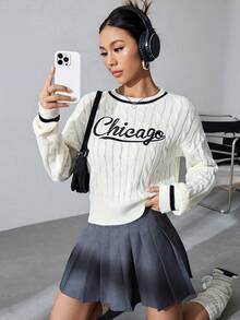 SHEIN Qutie Women's Round Neckline Cable Knitted Sweater With Drop Shoulder, Letter Embroidery - Beige - View 3