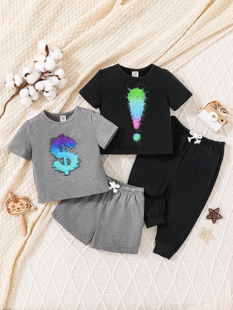 4pcs Unisex Baby Round Neck Short Sleeve T-Shirt Exclamation Print Shorts And Solid Long Pants Set