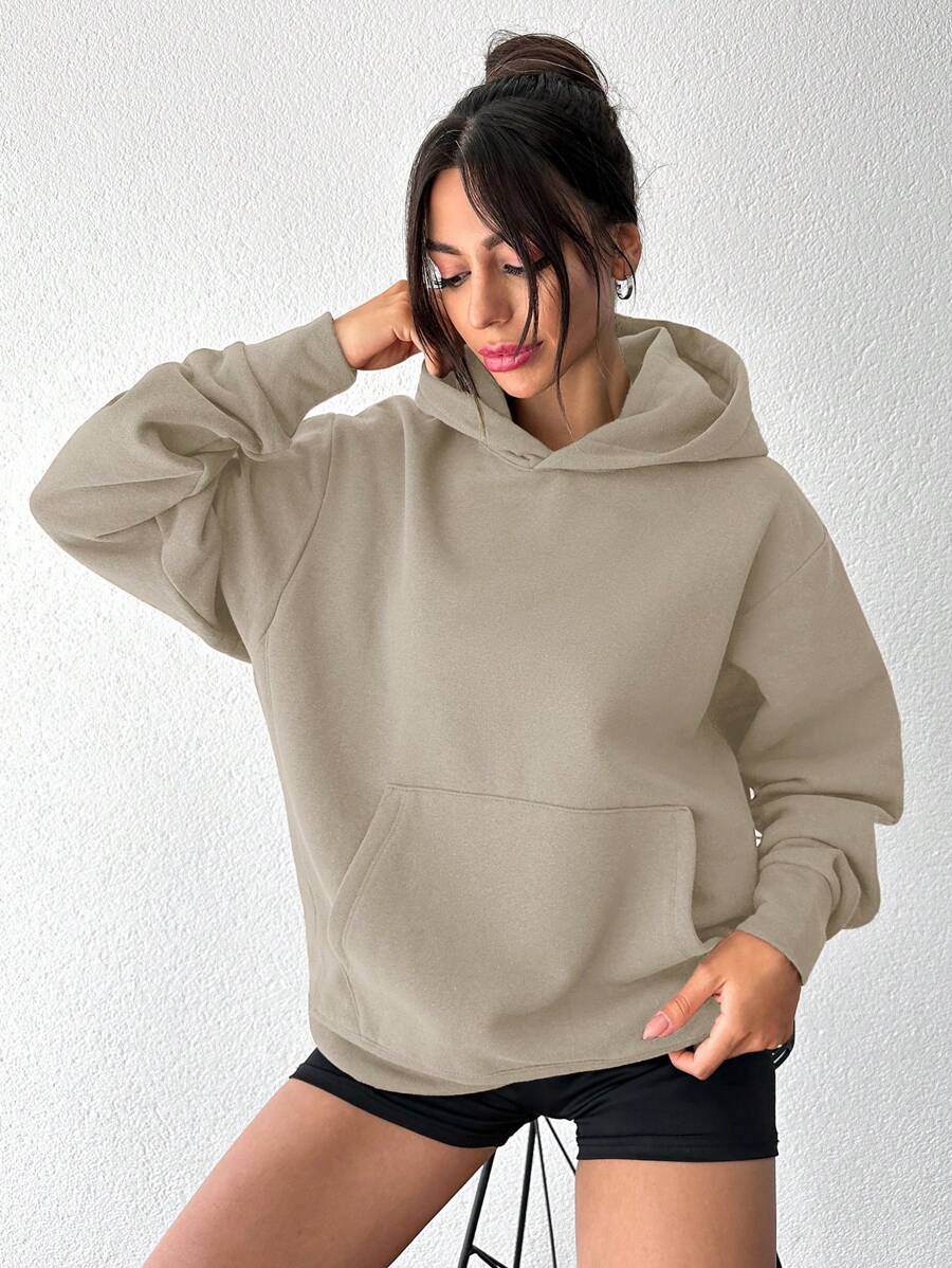 EURMUSE Felpa con cappuccio con tasca a marsupio spalle cadenti - Beige - Visualizzare 1