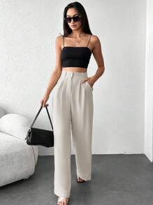 EURMUSE Solid Slant Pocket Wide Leg Suit Pants - Beige - View 3