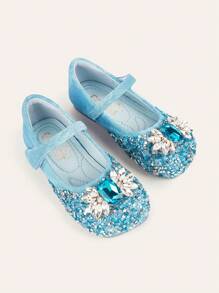 女童公主裙鞋鑲水晶艾莎公主扁平閃亮鑲鑽鞋鋼琴表演舞台鞋 - 藍色 - 查看 1