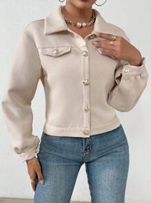 SHEIN Privé Chất rắn Thả vai Đập nhẹ Vòng cổ Áo khoác - Màu be - Xem 5