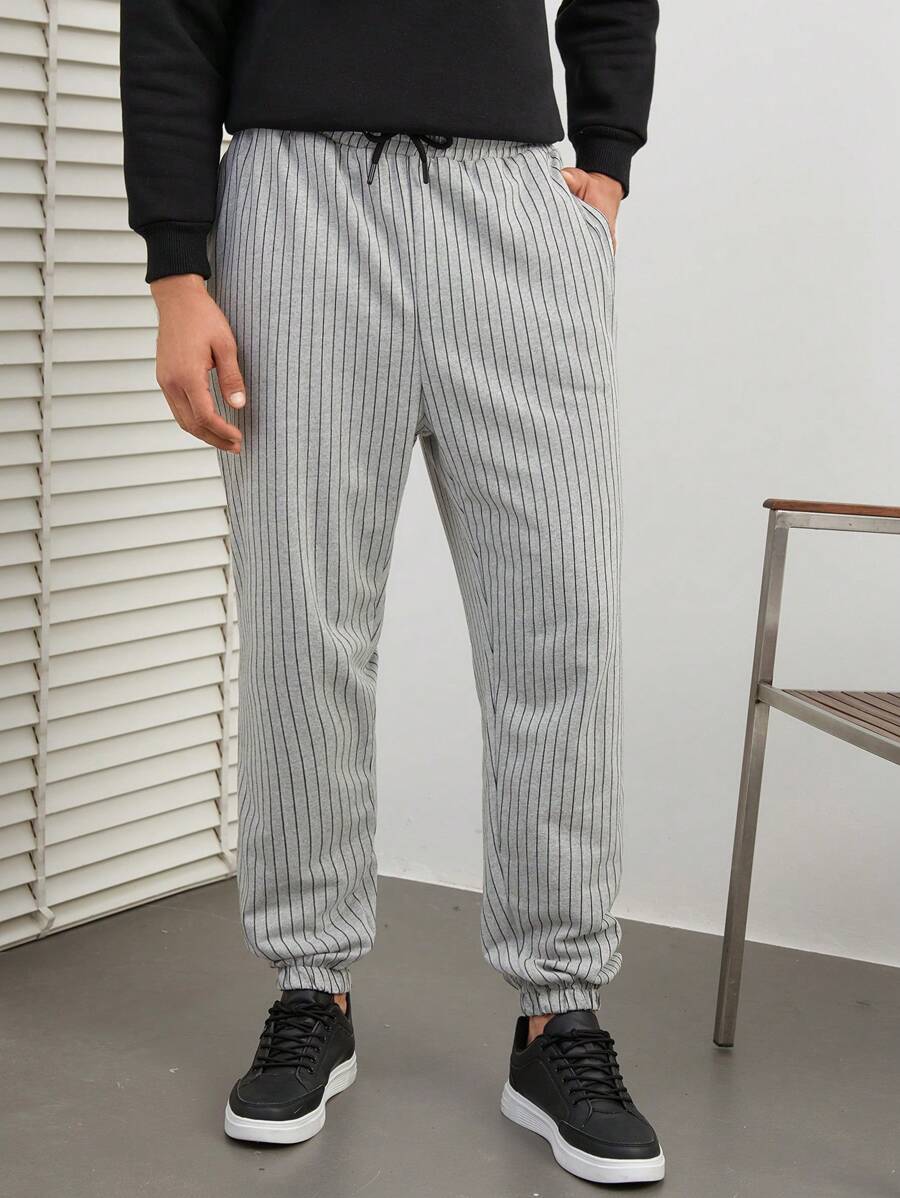 RueChic Men's Striped Drawstring Waist Long Pants - Grey - View 1