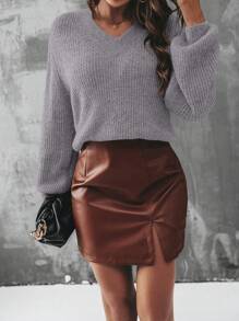 SHEIN Essnce V-Neck Drop Shoulder Sweater - Grey - View 7