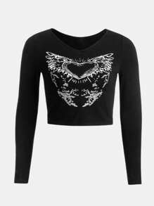 SHEIN EZwear 女士加大碼愛心印花t恤 - 黑色 - 查看 1