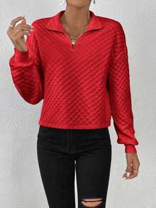SHEIN Essnce 女款純色菱形落肩半拉鍊運動衫 - 紅色 - 查看 4