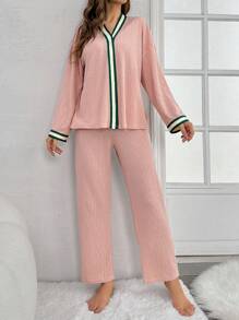 Women's Color Block Homewear Set With Textured Fabric Trimming - Coral Pink - View 5