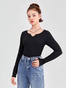 SHEIN 3pcs/Set Teen Girl Solid Color V-Neck Long Sleeve Casual T-Shirt Set - Multicolor - View 8