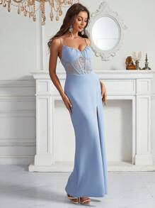 SHEIN Belle Ladies' Lace Patchwork Spaghetti Strap Bridesmaid Dress - Blue - View 5