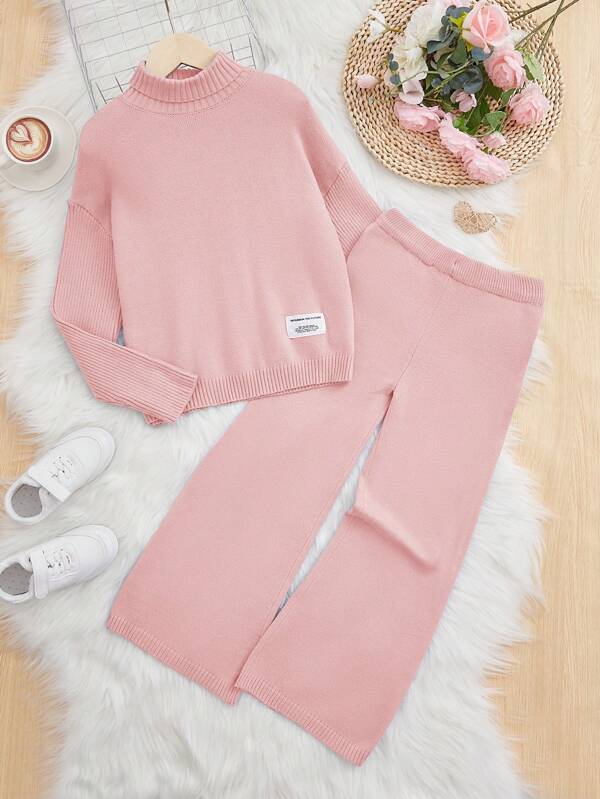 SHEIN Tween Girls Letter Patched Turtleneck Sweater + Knitted Pants Set, 2pcs