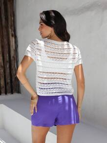 SHEIN Của phụ nữ Xu hướng: Cắt giảm Dệt kim Ngắn tay Áo - trắng - Xem 2