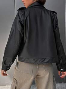 RueChic Flap Pocket PU Leather Jacket - Black - View 2