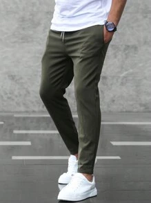 Manfinity Homme 男士斜口袋抽绳腰裤，秋季 - 軍綠色 - 查看 3